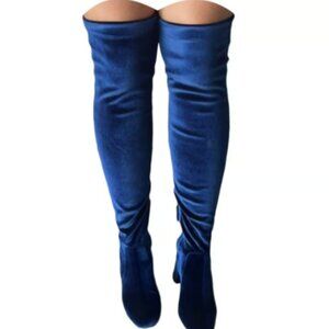 Women's Royal Navy Blue Velour Thigh High Boots Block Heel Size 8.5 Stretch